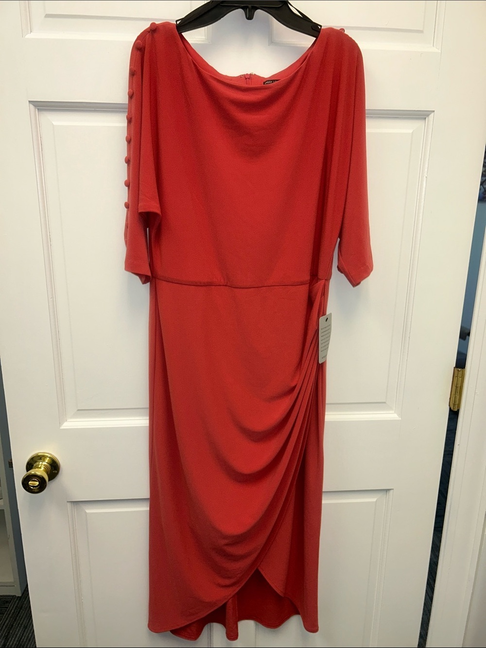 NWT Maggy London Coral Sheath Midi Dress with Fabric Buttons on Sleeves